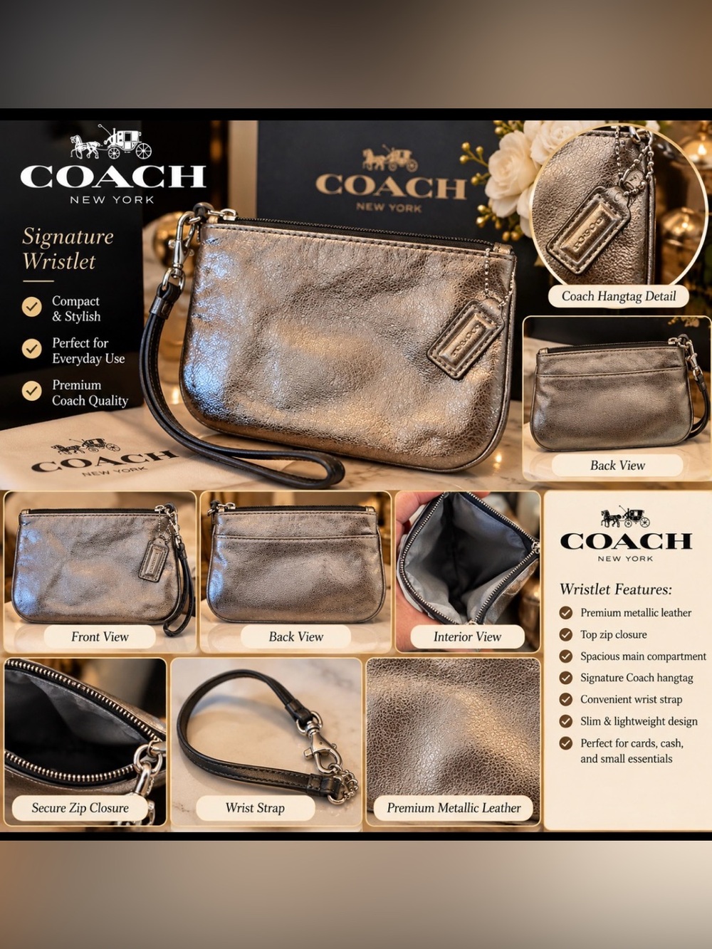 Coach Metallic Pewter Leather Wristlet